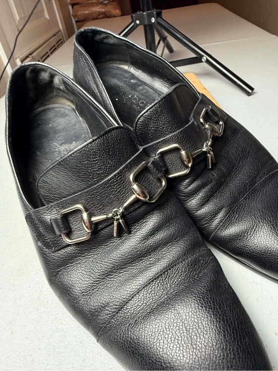 GUCCI Man Black Pebbled Leather Silver Horsebit Loafers Sz 8 unglued damaged main image 7